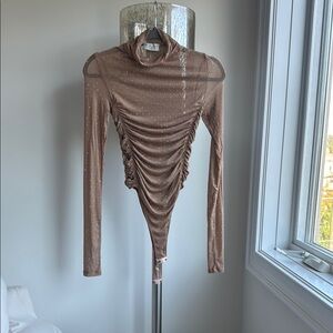 Dress Forum Tan Ruched Long Sleeve Bodysuit